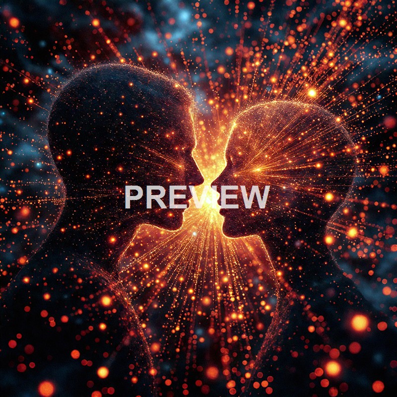 The image depicts two human silhouettes facing each other with a glowing, cosmic-like burst of light and particles emanating from their faces, creating a sense of connection or communication in a digital or abstract universe.